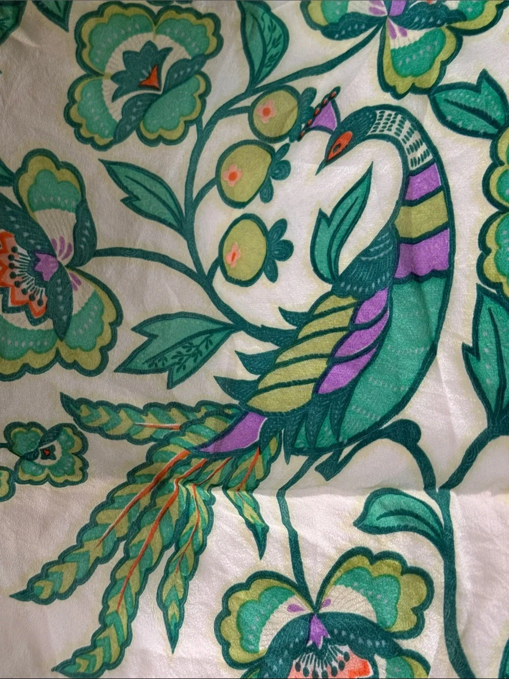 Vintage 1960’s Floral Peacock 🦚 Bird Silk Scarf 🧣 in Green & Cream white unique